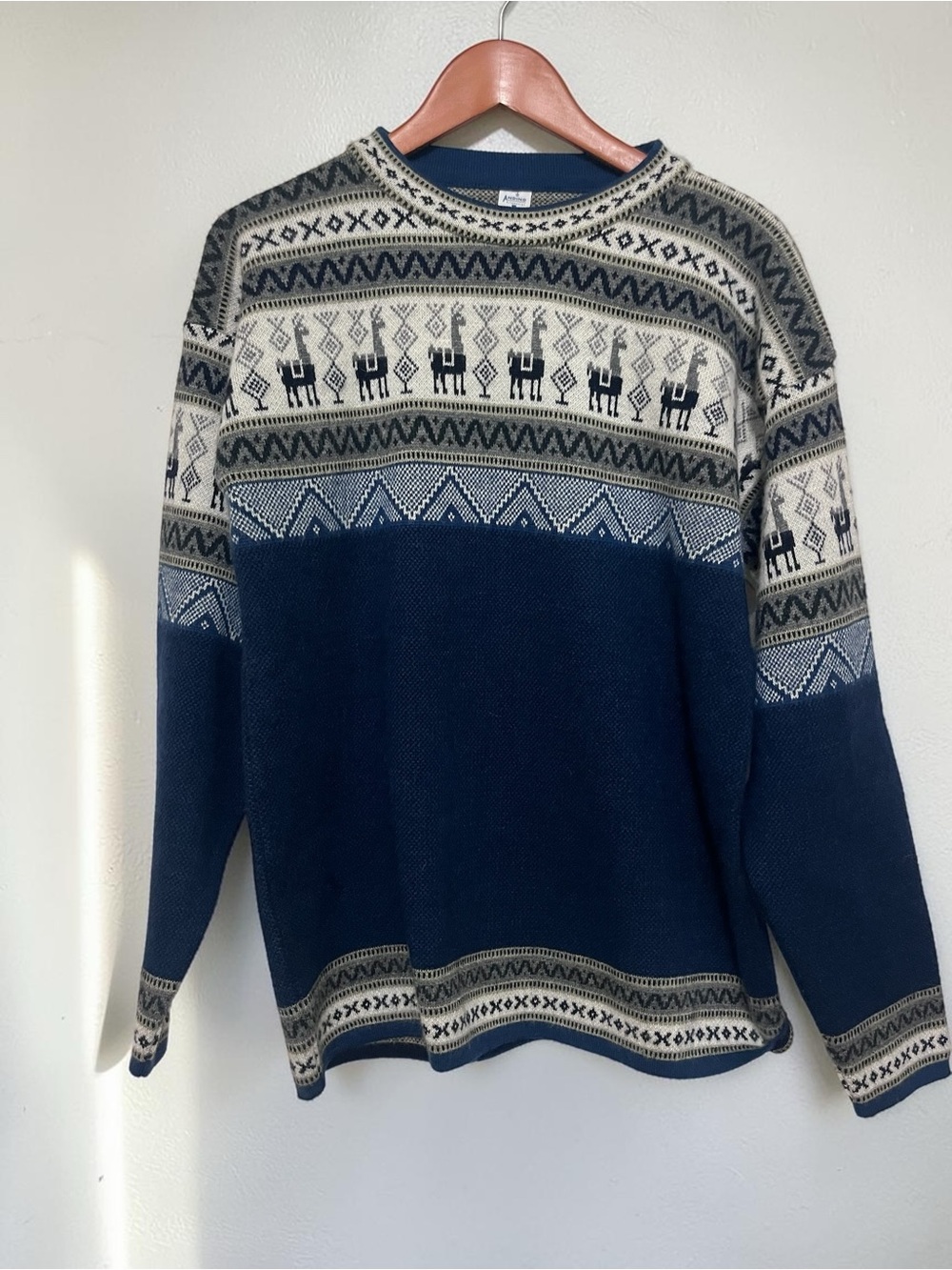 Andino Artesanias Blue Alpaca Wool Sweater Ecuador Crewneck Fair Isle Llama L